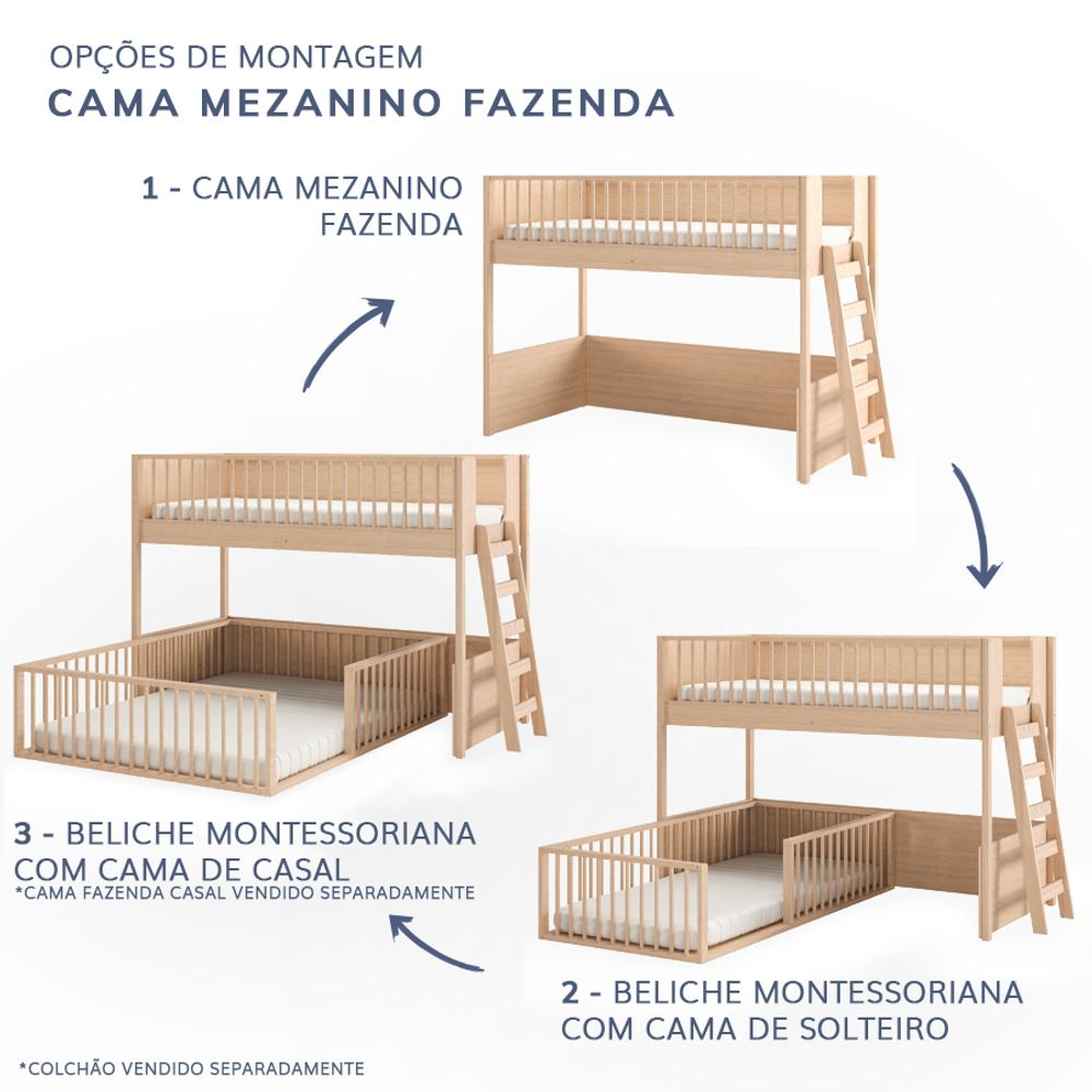 Beliche Infantil Montessoriana Com Cama de Solteiro Fazenda - Carvalho -  lilibee - mobile